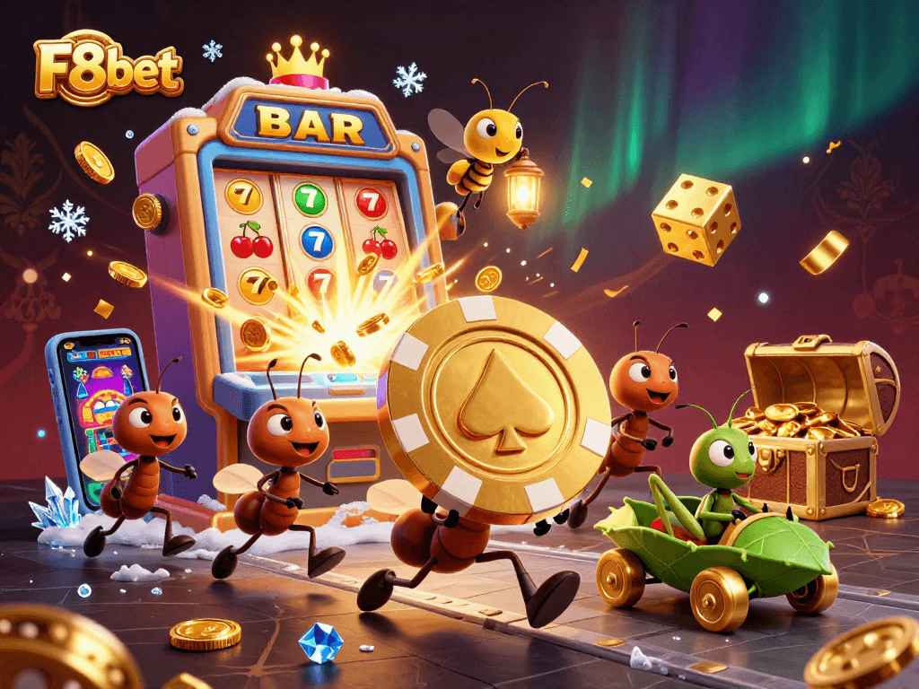 Engaging scene depicting F8bet heist with ants, a firefly lookout, and a grasshopper driver amidst casino elements.