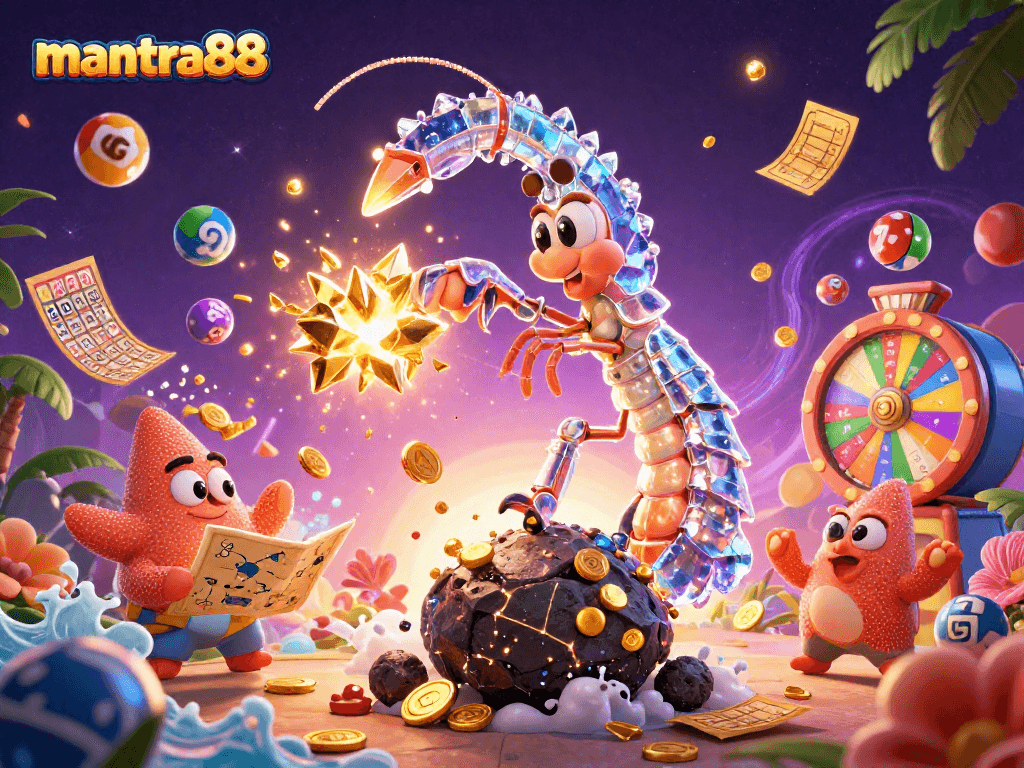 Engage in thrilling games at mantra88 as the mantis shrimp battles asteroids amidst vibrant lottery elements.