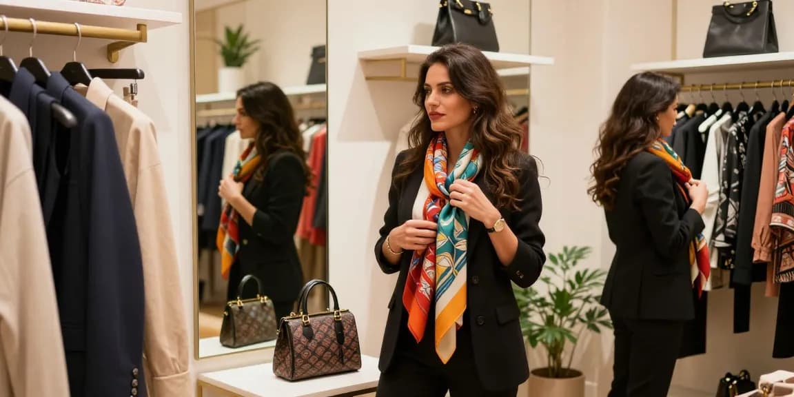 Consulenza d'immagine Milano: donna elegante prova accessori in boutique di moda a Milano.
