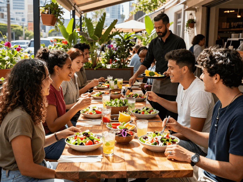 Best ensalada mixta near me shared among friends in a lively outdoor dining setting.