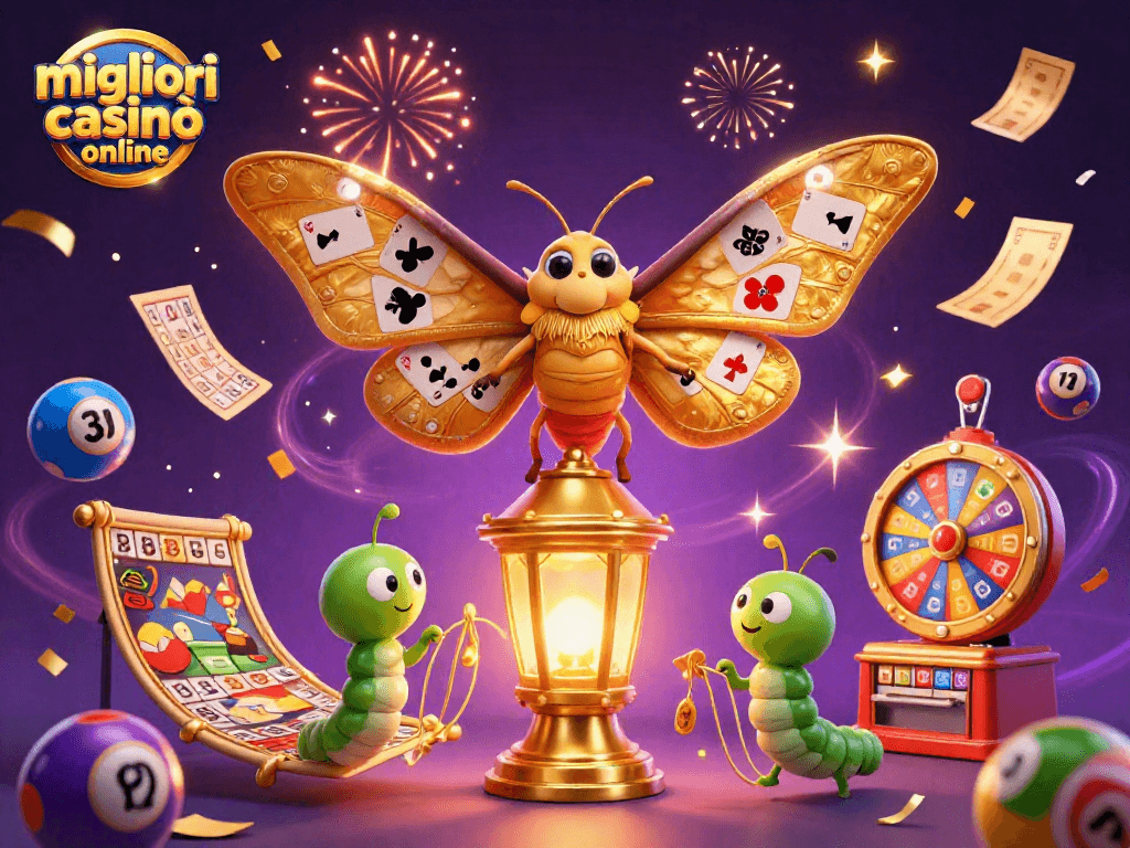 Illustrazione 3D dettagliata dei migliori casinò online con una falena gigante e dettagli di gioco d'azzardo.