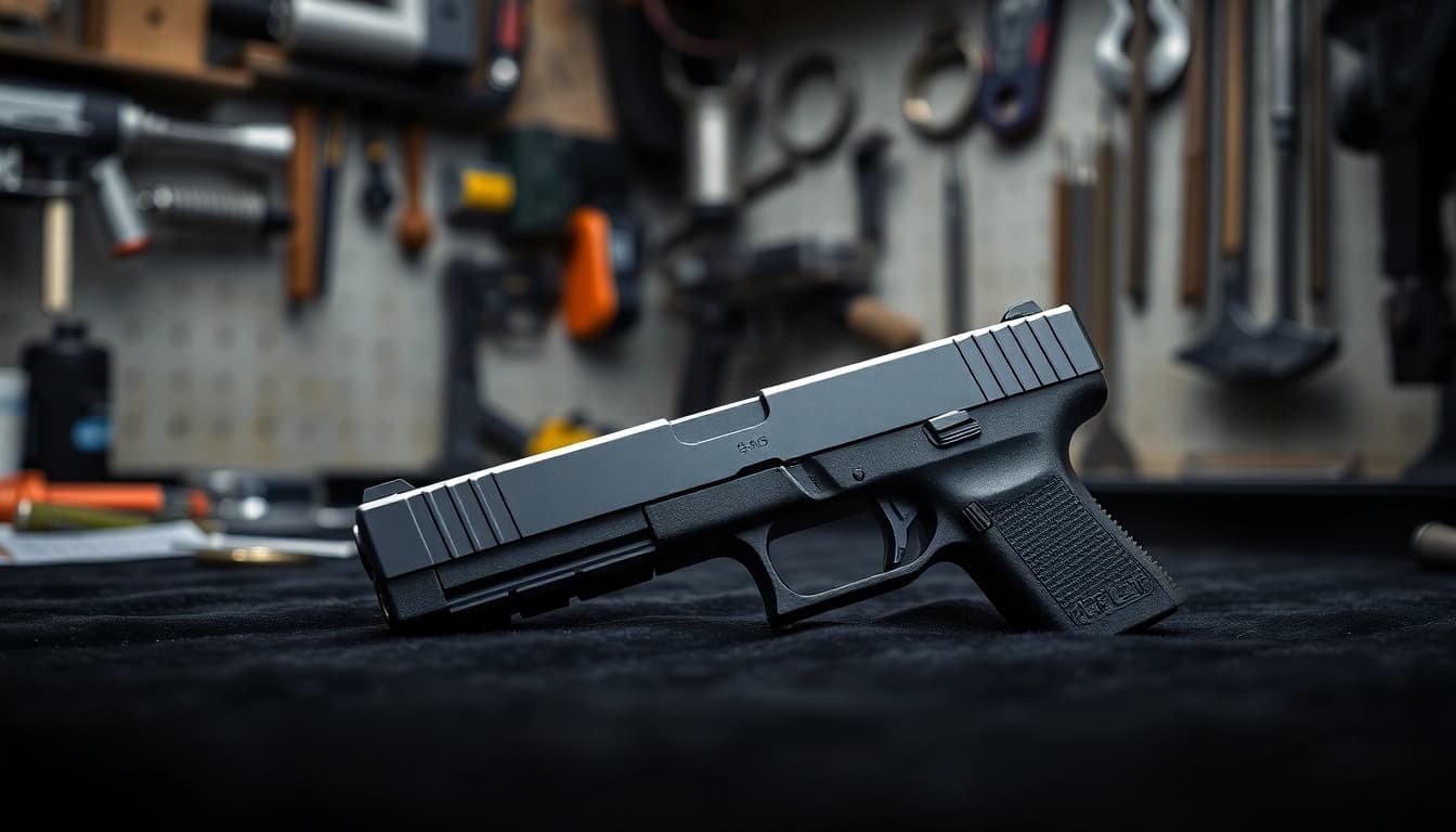 Showcasing the glock 48 mos slide highlighting its design and features in a professional setting.
