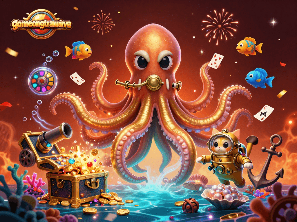 Join the action at gamenongtraivuive as a kraken unveils treasure while a diving cat explores, capturing the thrill of gaming.
