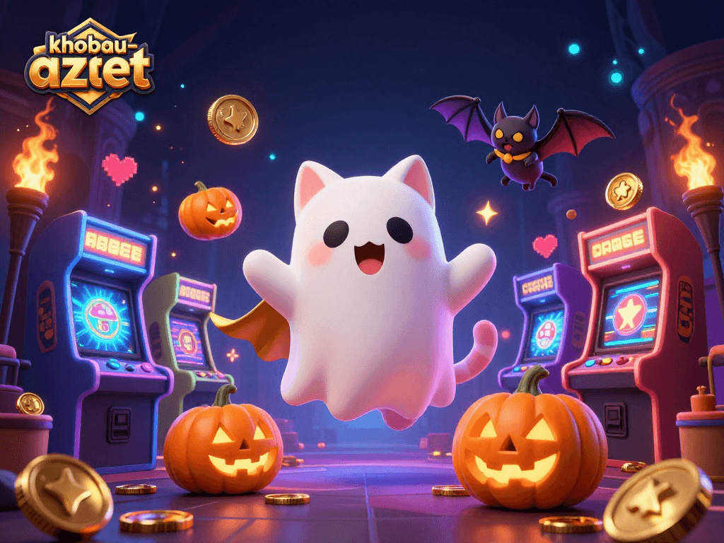 Engage with khobau-aztec's thrilling 3D adventure featuring a ghost cat and vampire bat amidst vibrant casino elements.