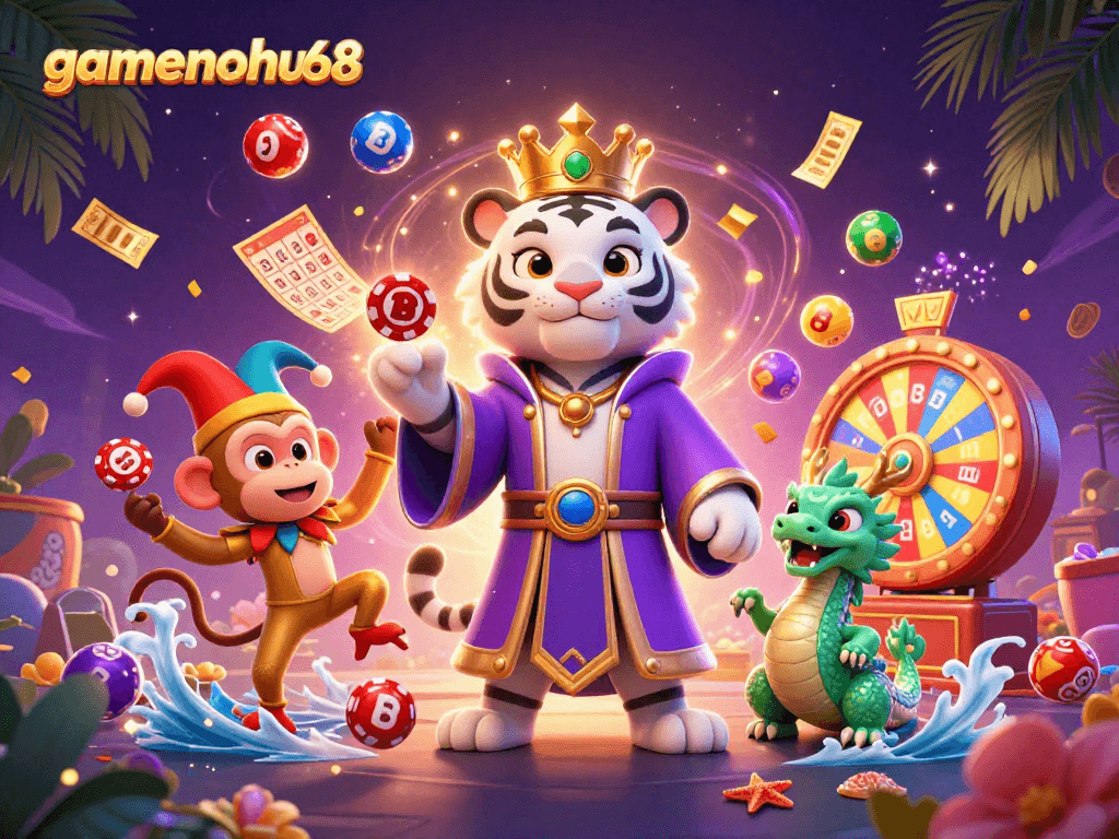 Engage in exciting gaming adventures at gamenohu68 with vibrant casino elements and enchanting characters.