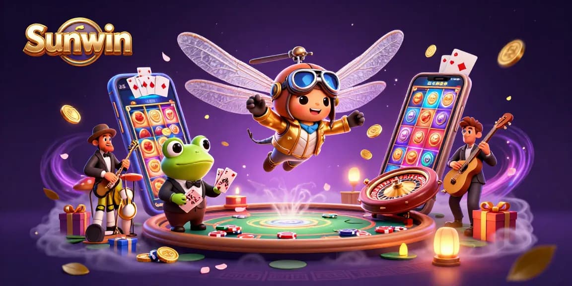 Experience the excitement of Sunwin as the dragonfly pilot oversees the vibrant lily pad casino.