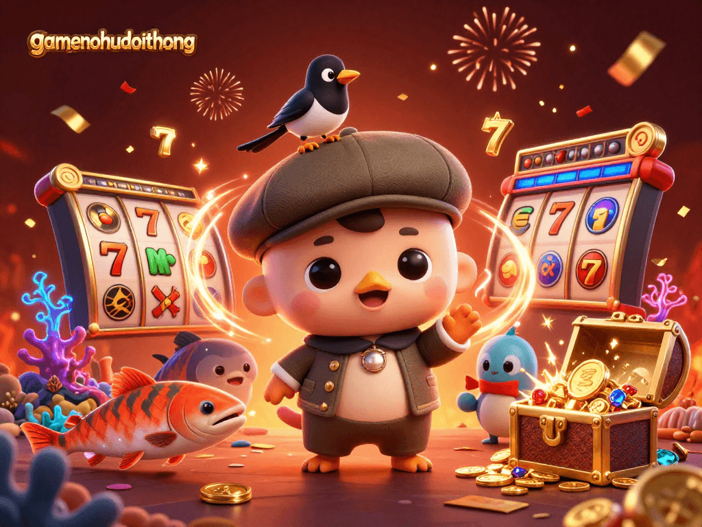 Spin for winnings with gamenohudoithuong, featuring playful Nessie and gold treasures in a vibrant casino adventure.