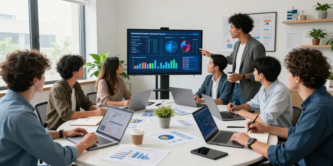 Marketing team collaborating on strategies at https://www.www456bd.com/ with data visualizations and analytics reports in a vibrant office.