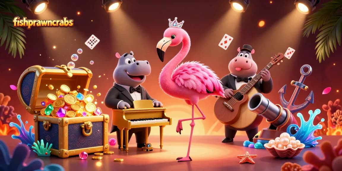 Engage with fishprawncrabs as a flamingo entertainer enlivens the gaming scene with treasure and vibrant colors.