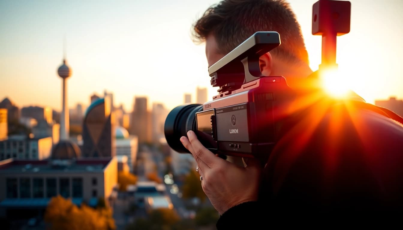 Edmonton videographer capturing a stunning cityscape at golden hour in Alberta.