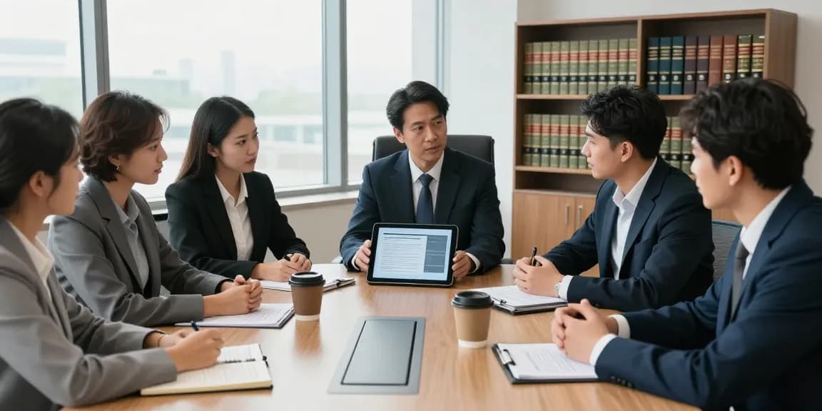 Investigate this site within a professional law office scene featuring a diverse legal team discussing case strategies around a conference table.