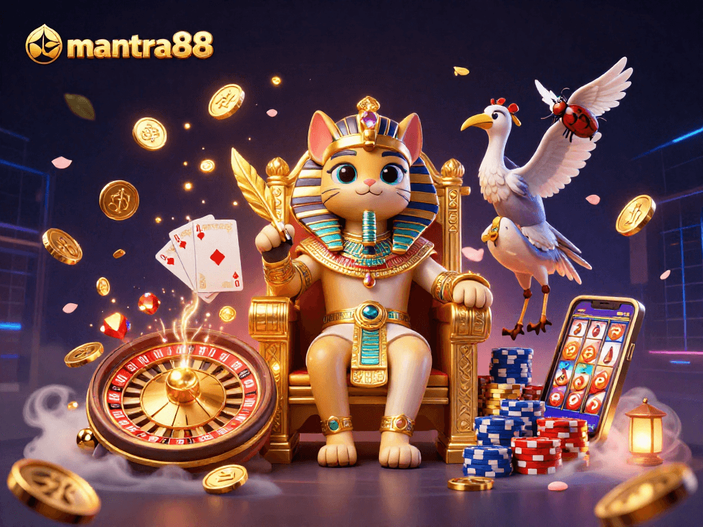 Experience excitement with mantra88's vibrant gaming scene featuring dynamic animation and rich casino elements.