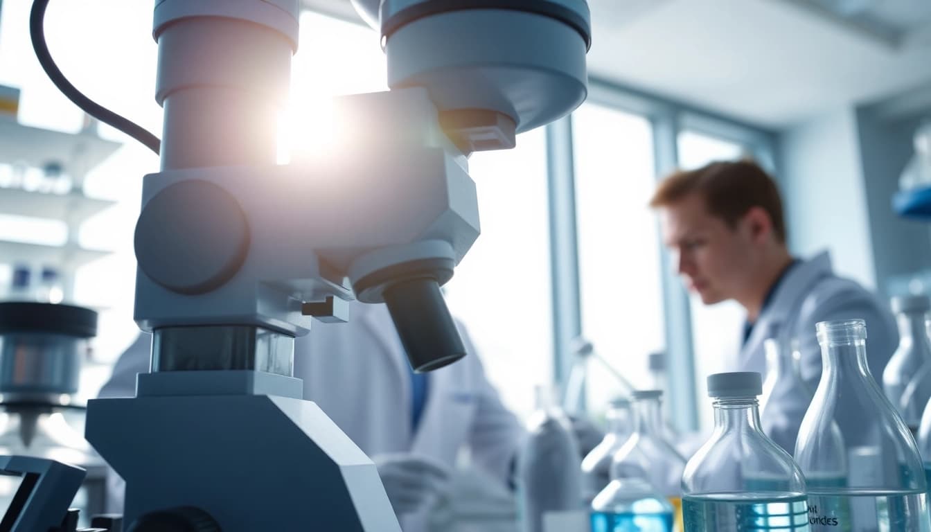 Examining Branch Peptides with a microscope in a professional research lab.