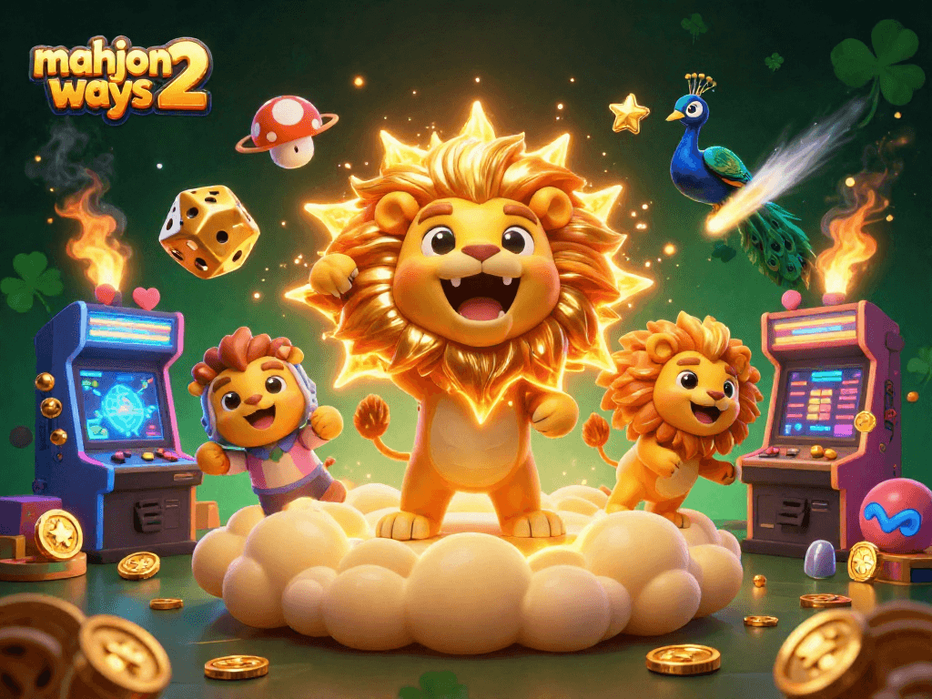 Play mahjong ways 2 with vibrant casino art featuring a roaring sun lion and golden dice.