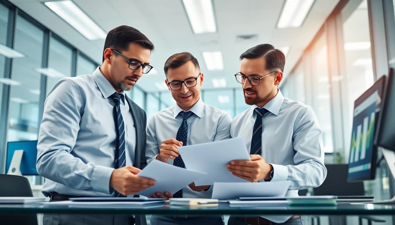 Visualize FCPA/DCAA compliance teamwork in a modern, tech-driven office.