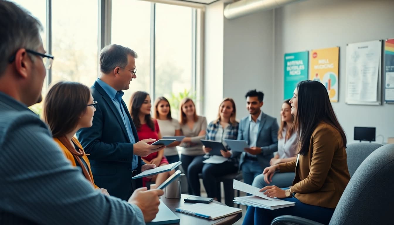 Engaged individuals in a career coaching session using visuals in a modern office.