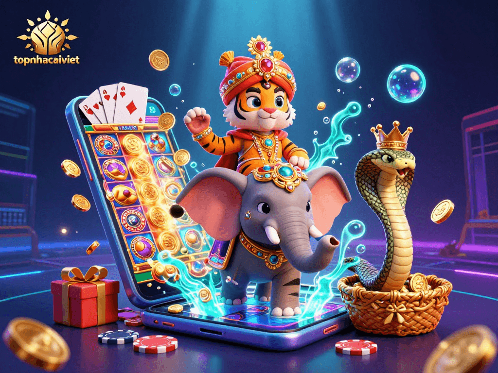 Engage with topnhacaiviet's vibrant casino experience featuring a maharaja tiger, jewel elephant, and slot game excitement.
