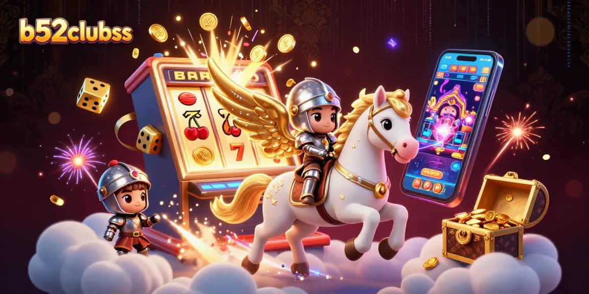 Battle the slots at b52clubss with an armored knight and celestial horse amidst a jackpot explosion.