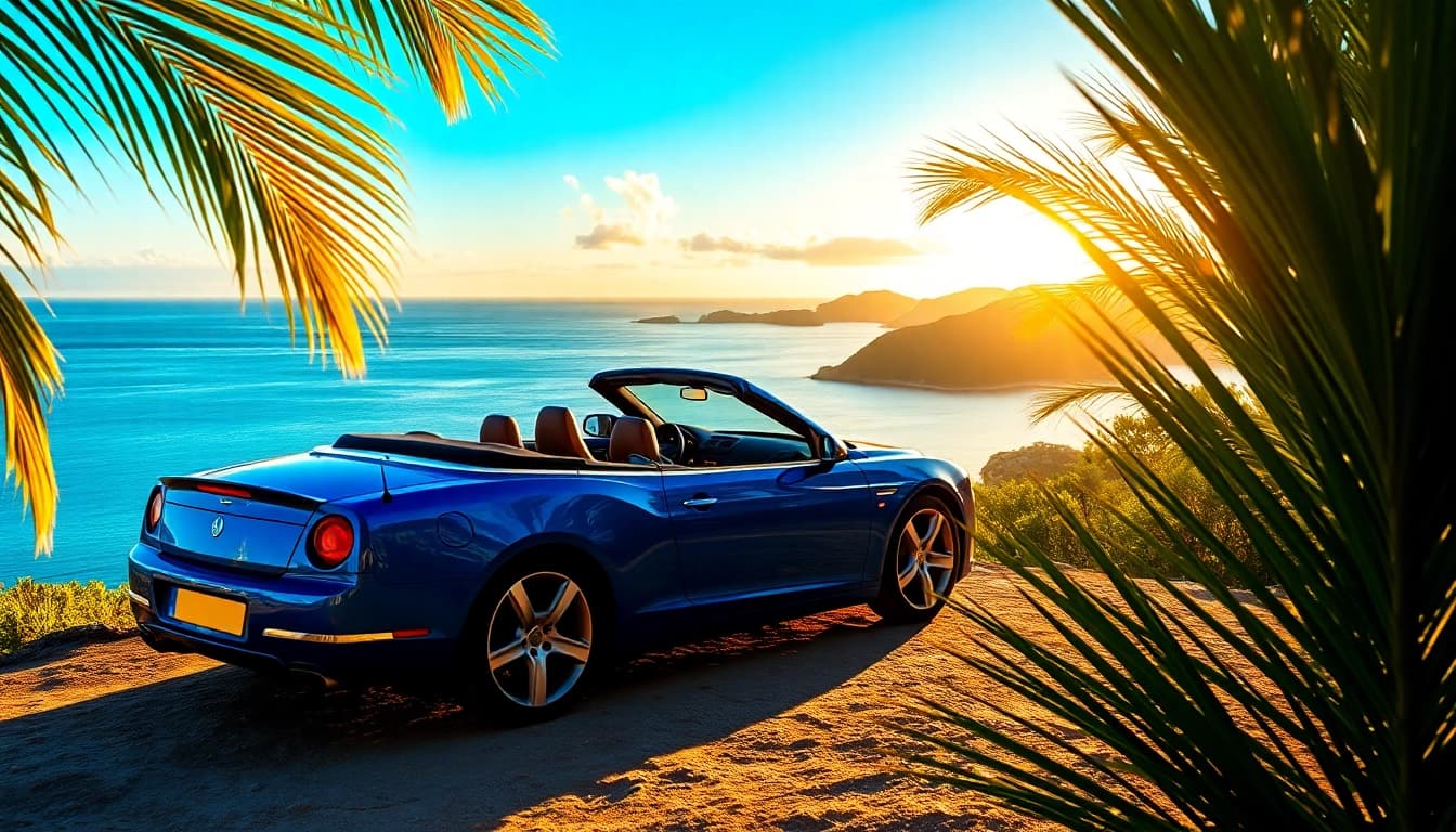 Experience luxury car hire saint barth with a stunning convertible on a scenic cliff.