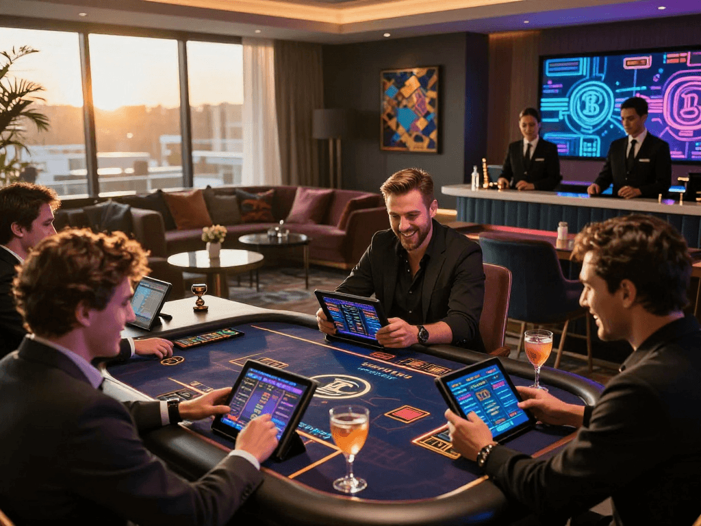Exciting crypto casino gaming environment with players using smartphones and tablets immersed in digital gambling.