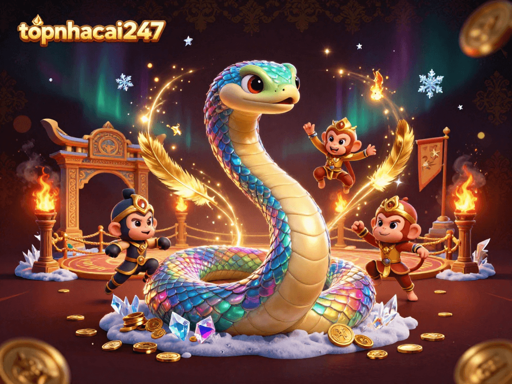 topnhacai247 showcases a vibrant 3D casino scene with colorful elements and engaging characters.