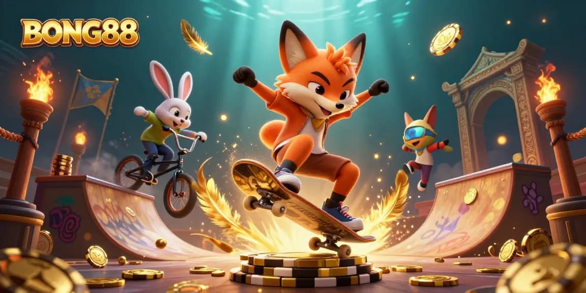 BONG88 showcases a vibrant casino-themed scene with a fox and rabbit performing stunts around poker chips and casino symbols.