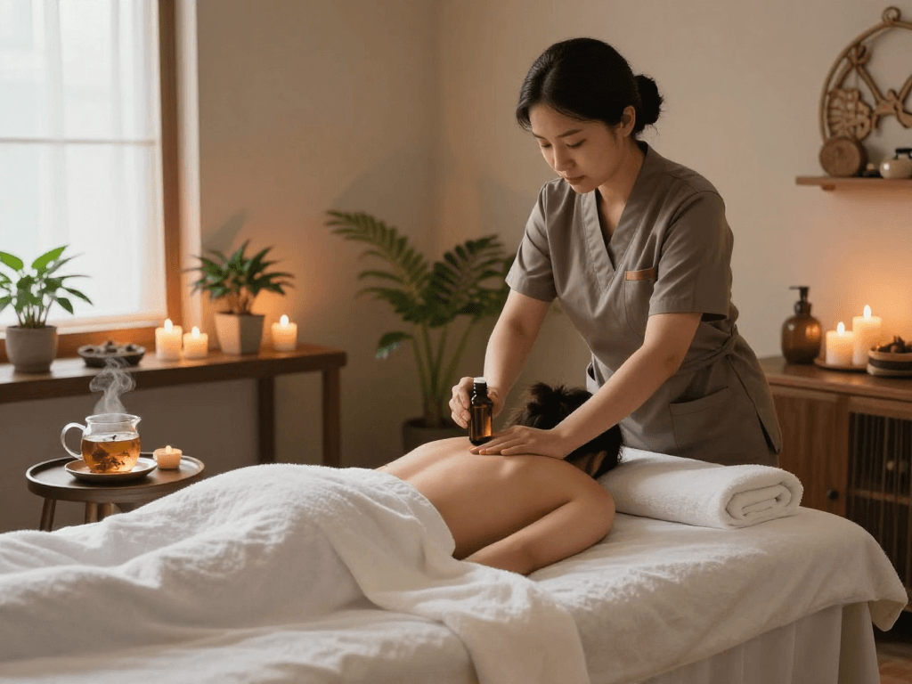 Therapist preparing aromatic oils for mantra88 massage session in a serene spa.