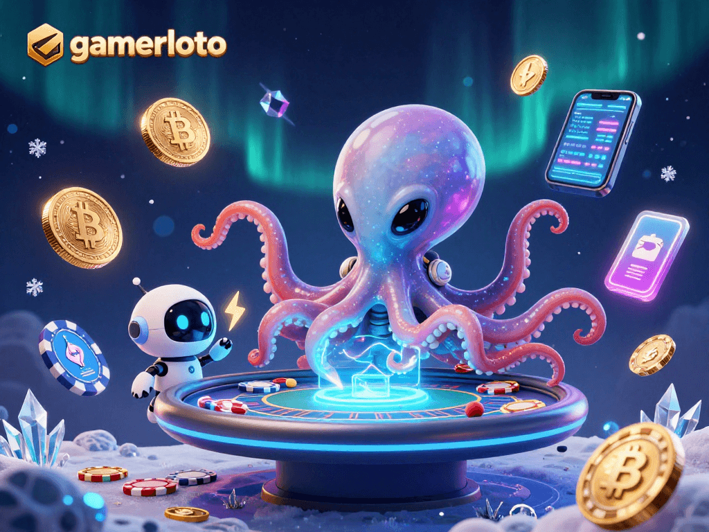 Engage with gamerloto's cosmic 3D poker adventure featuring a vibrant octopus and robot.