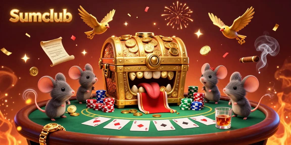 Sumclub's adventure scene with a treasure chest and poker elements showcases exciting gaming opportunities.