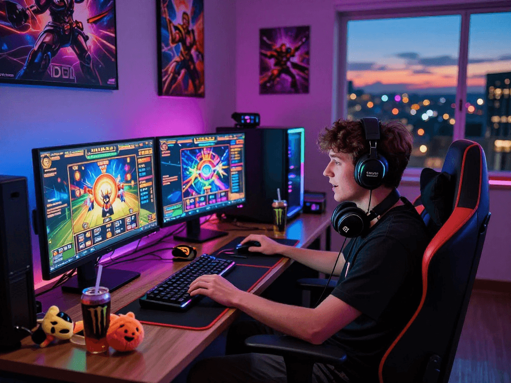 Gamer engaged with https://www.benmillerband.com/ displaying vibrant online gaming and slot options.