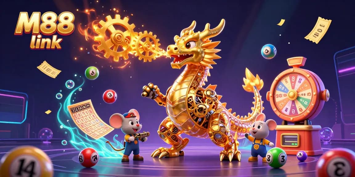 Engage with the thrilling M88 link in a vibrant 3D illustration featuring dynamic lottery elements and a golden dragon.