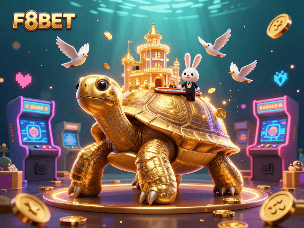 Experience gaming excitement with F8BET's vibrant 3D casino illustration showcasing a golden tortoise with a casino palace.