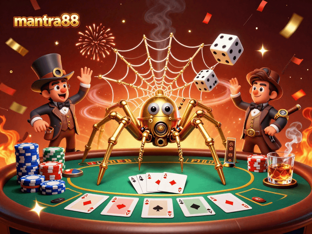 Engage with mantra88 in a dynamic casino scene showcasing colorful poker elements and steampunk artistry.