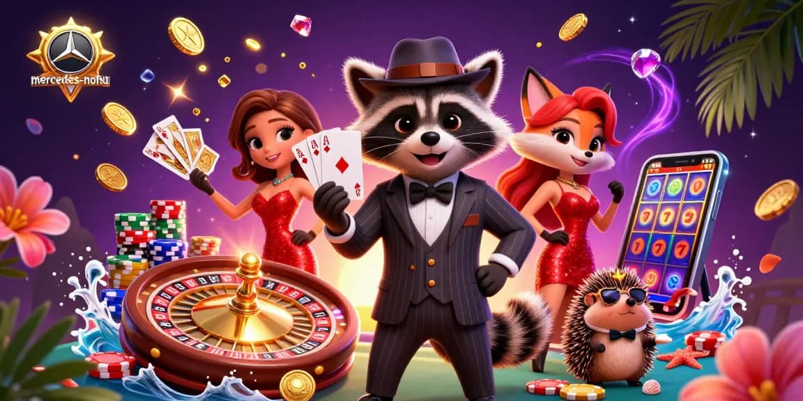 Experience the excitement at mercedes-nohu with a dynamic casino scene featuring a raccoon, fox, and hedgehog among royal flush cards and vibrant casino elements.