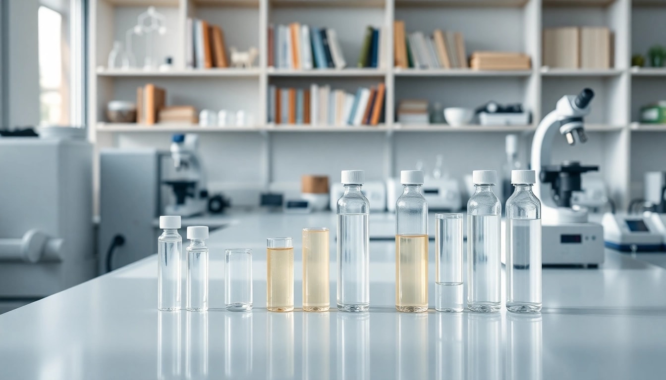 Showcase of peptide for sale in clear vials amidst a professional laboratory setting.