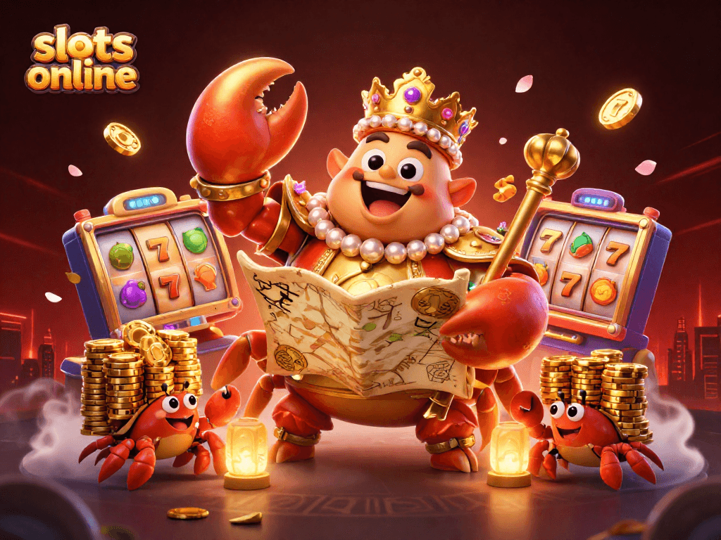 Engage with slots online as a golden crab emperor unveils a treasure map in a vibrant casino scene.