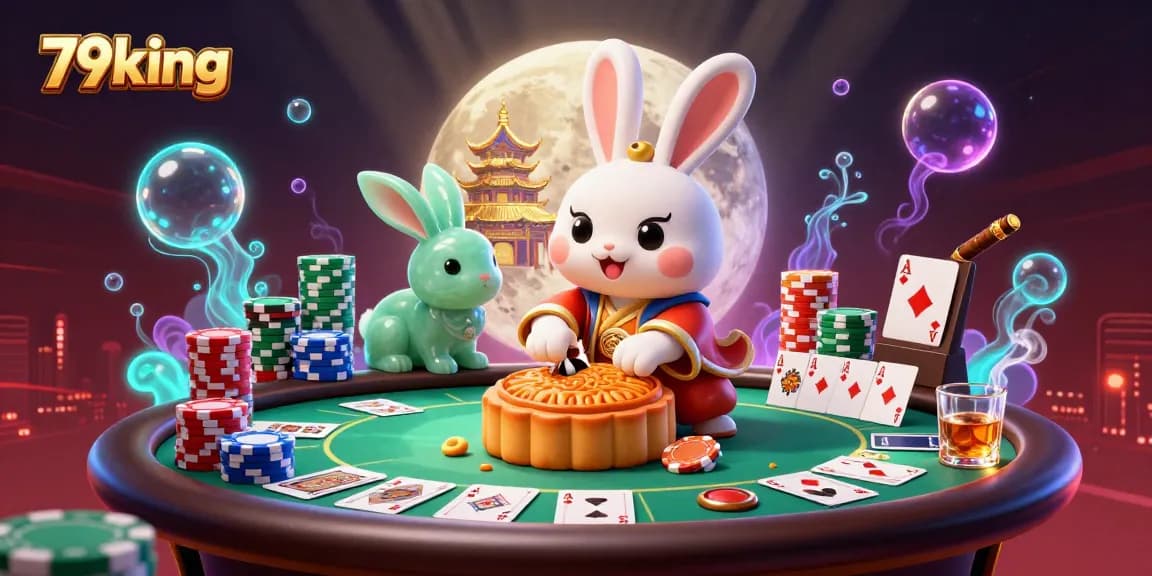 Engage with 79king's vibrant casino scene featuring a moon rabbit, poker chips, and dynamic gaming elements.