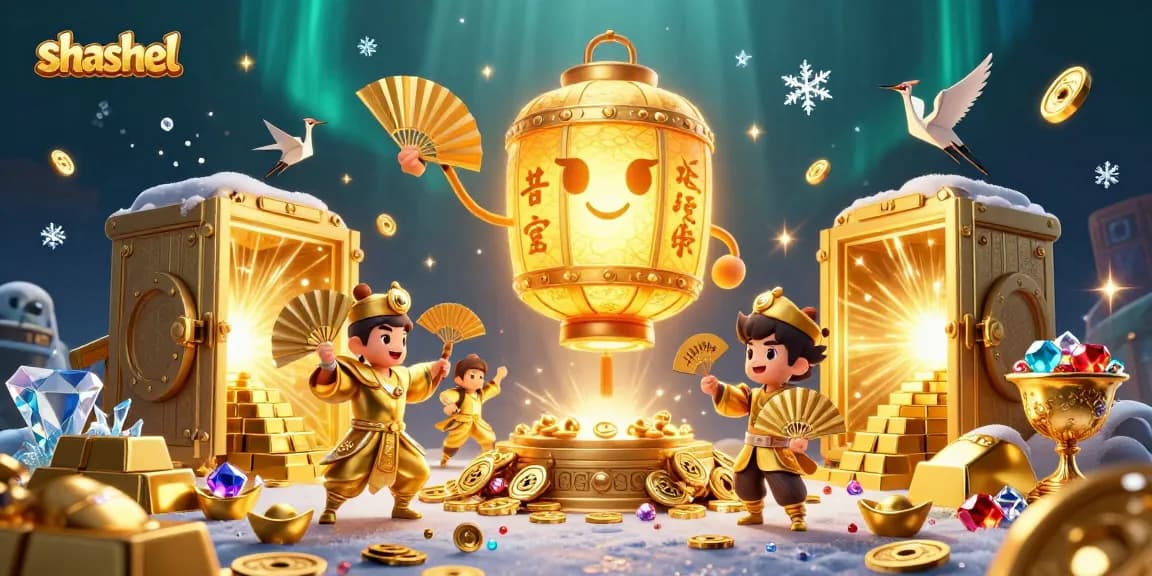 Engage with shashel's vibrant casino atmosphere, showcasing golden lantern spirits and treasure elements.