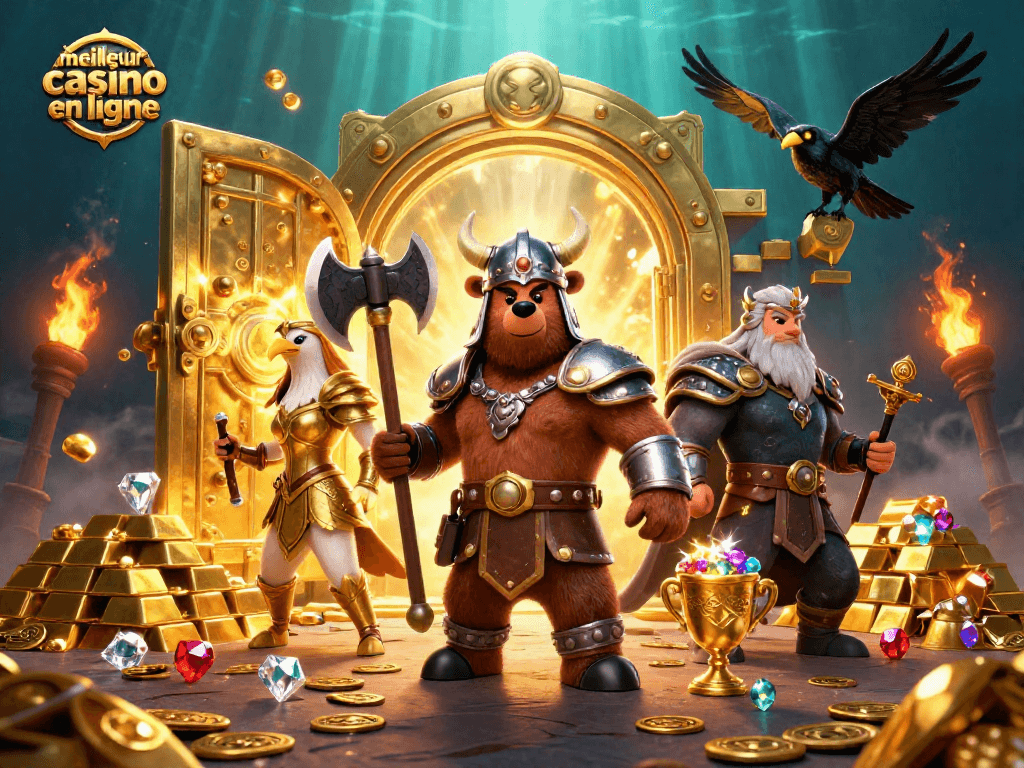 Découvrez le meilleur casino en ligne avec une scène fascinante d'un ours berserker viking et une aigle valkyrie.