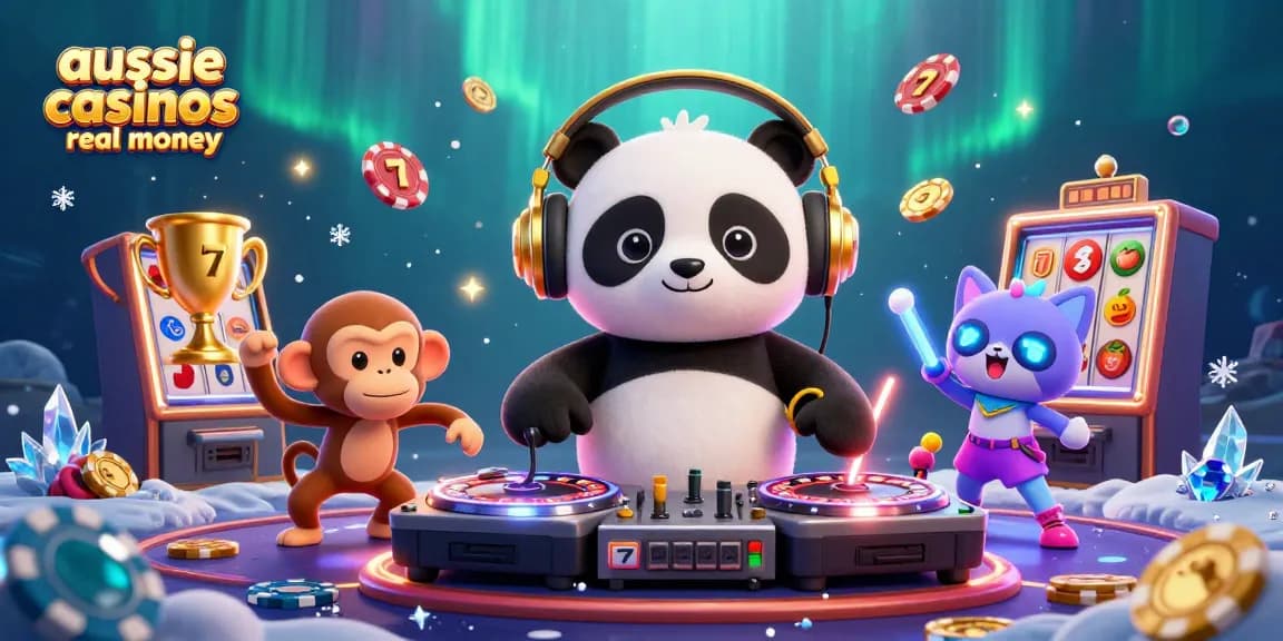 A dynamic illustration showcasing a DJ panda and friends celebrating at aussie online casinos real money, surrounded by vibrant slot game elements.