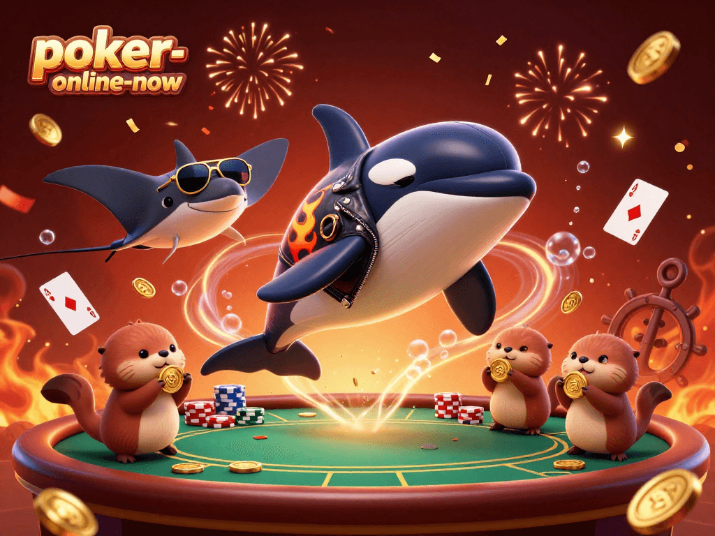 Poker-online-now brings excitement with a dynamic casino scene featuring colorful characters and poker elements.