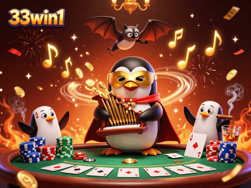 Experience thrilling action at 33win1 with a vibrant casino-themed illustration featuring a penguin playing an organ.