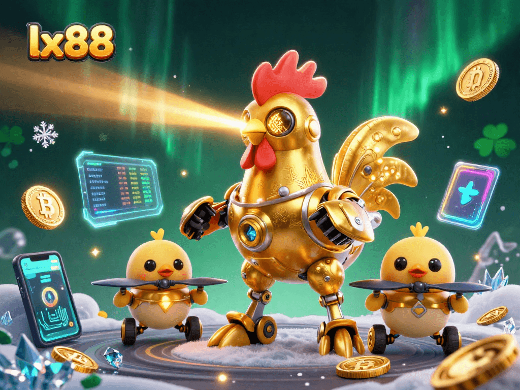 Experience thrilling gaming at lx88 with the dynamic golden rooster robot shooting lasers amidst cryptocurrency elements.