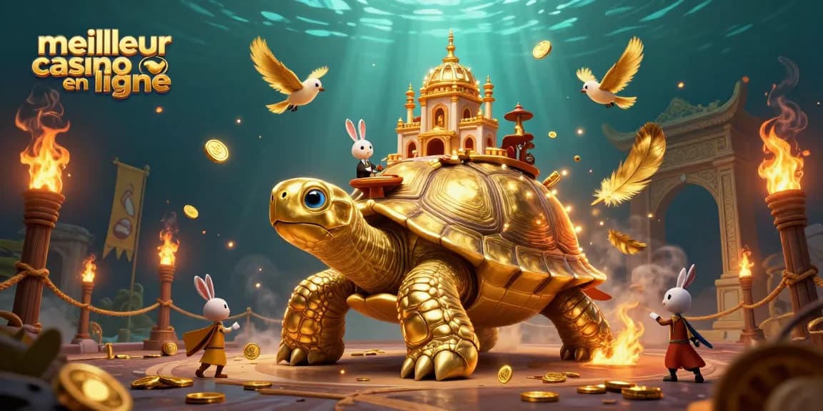 Plateau de jeu animé d'un meilleur casino en ligne avec tortue dorée et jetons captivants