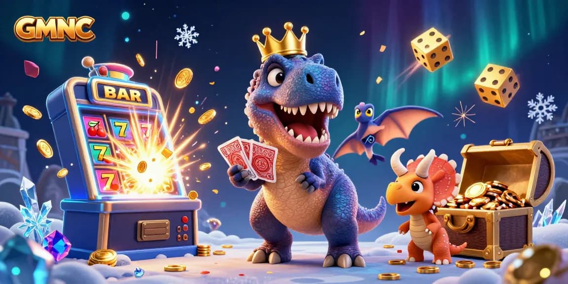 GMNC showcases a fun 3D dinosaur casino scene with cards, chips, and slot machine excitement.