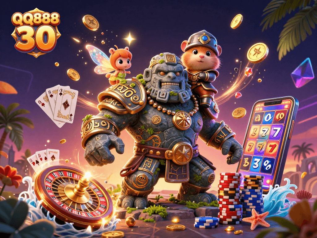 Experience thrilling excitement with QQ888 30, showcasing rich casino gaming elements and enchanting characters.