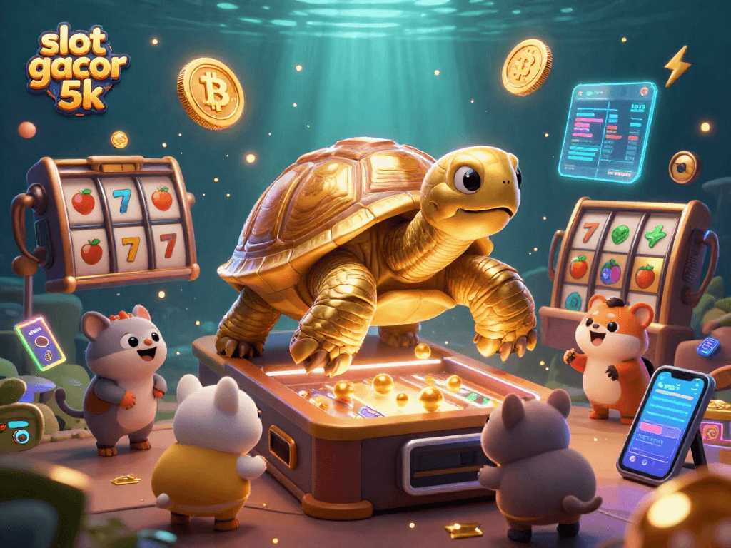 Spin the slot gacor 5k with a golden tortoise pinball machine, surrounded by vibrant slot elements.