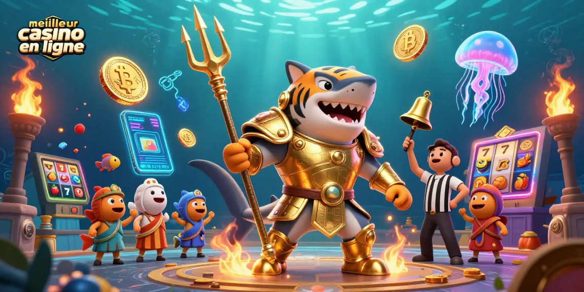 Visualisez le meilleur casino en ligne avec un requin tigre et des éléments de crypto-monnaies dans une scène dynamique.