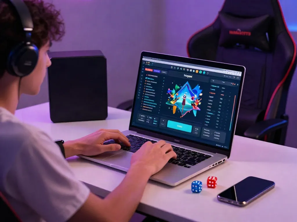 A user enjoying HARGATOTO togel gaming on a stylish laptop with gaming accessories.