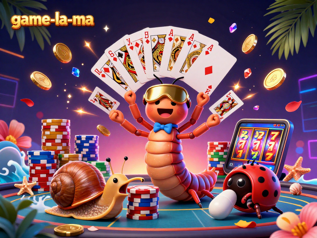 Engage in thrilling gameplay with game-la-ma as a cartoon millipede dealer showcases an array of vibrant casino elements.